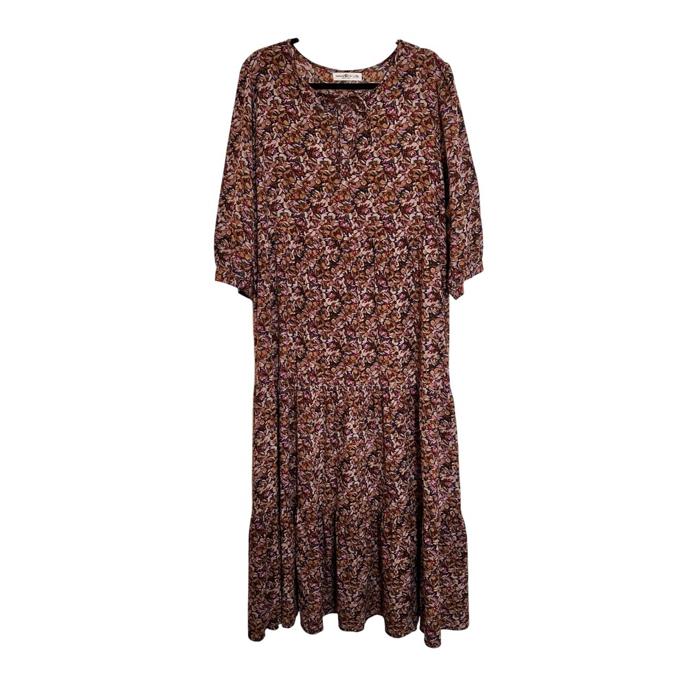 Natural Life Maxi Dress Size L/XL Brown Purple Floral Tiered Skirt Tie Neck Boho